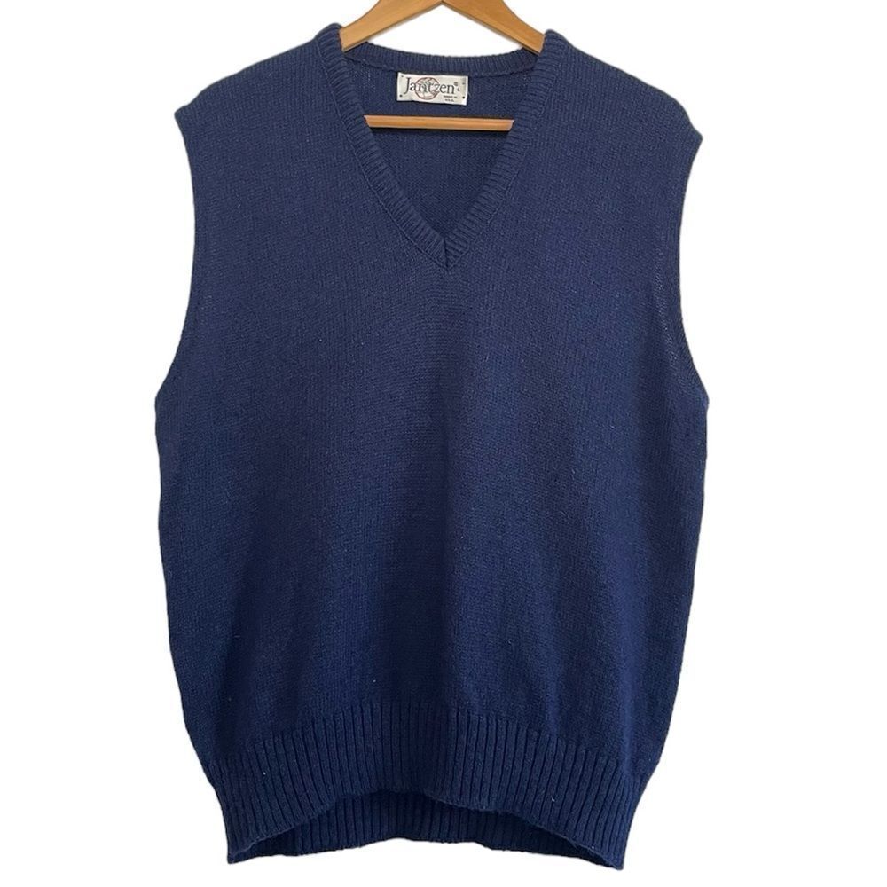 Vintage Jantzen Sweater Vest Navy Blue V Neck Made in USA Large Ribbed Band/Hem